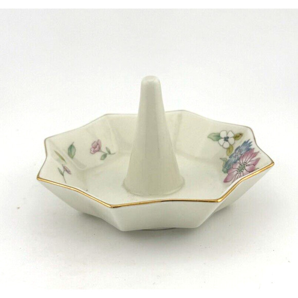 Fred Roberts Company Japan Porcelain octagon ring holder floral with gold rim - Picture 4 of 13